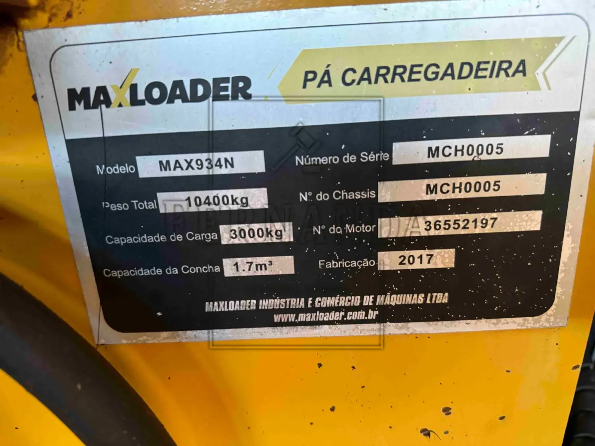 LOTE 002 - Carregador, marca MAXLOADER, modelo MAX934N, ano 2017, número série MCH0005.